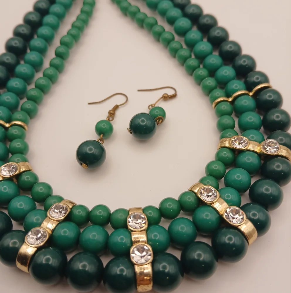 Green Triple Beaded Necklace‎ With Matching Earrings